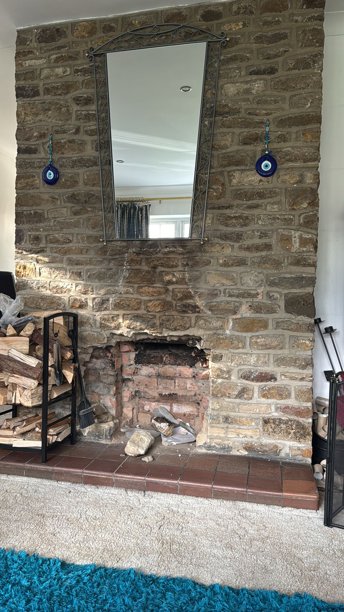 Stone fireplace install — before